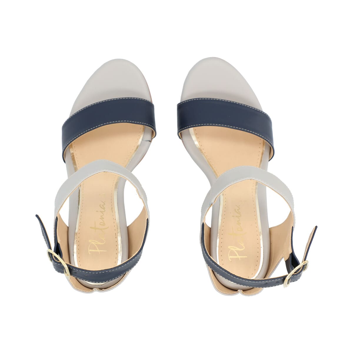Zapatilla de tacón para mujer color gris con azul marino con ajuste en tobillo de látigo